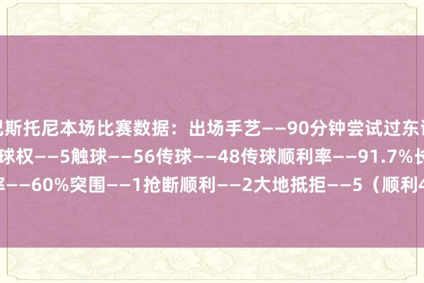 巴斯托尼本场比赛数据:出场手艺——90分钟尝试过东谈主——1(顺利1)丢失球权——5触球——56传球——48传球顺利率——91.7%长传——5长传准确率——60%突围——1抢断顺利——2大地抵拒——5(顺利4)犯规——1被犯规——1媒体评分——6.1 体育赛事直播