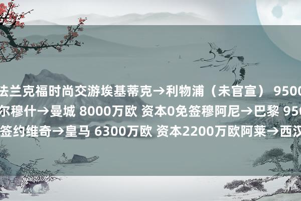 法兰克福时尚交游埃基蒂克→利物浦（未官宣） 9500万欧 资本1650万欧马尔穆什→曼城 8000万欧 资本0免签穆阿尼→巴黎 9500万欧 资本0免签约维奇→皇马 6300万欧 资本2200万欧阿莱→西汉姆 5000万欧 资本1200万欧    体育录像/图片