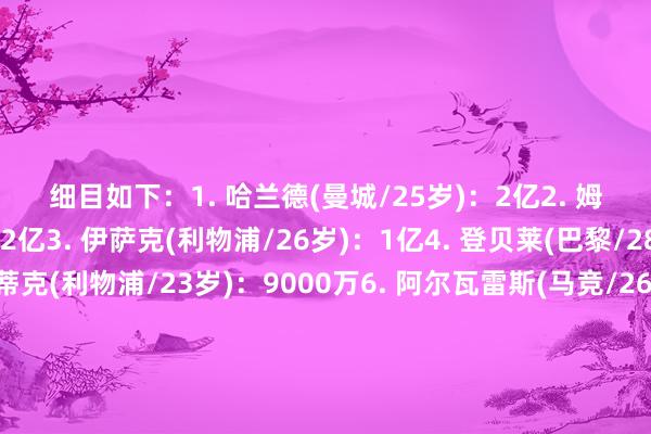 细目如下：　　1. 哈兰德(曼城/25岁)：2亿　　2. 姆巴佩(皇马/27岁)：2亿　　3. 伊萨克(利物浦/26岁)：1亿　　4. 登贝莱(巴黎/28岁)：1亿　　5. 埃基蒂克(利物浦/23岁)：9000万　　6. 阿尔瓦雷斯(马竞/26岁)：9000万　　7. 劳塔罗(国米/28岁)：8500万　　8. 若奥-佩德罗(切尔西/24岁)：7500万　　9. 奥斯梅恩(加拉塔萨雷/27岁)：7500万　　10. 库尼亚(曼联/26岁)：7000万																						体育集锦